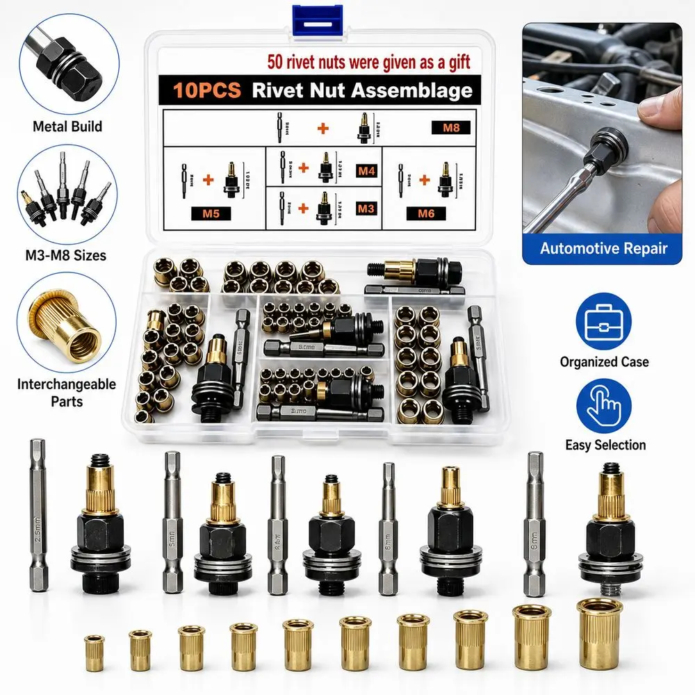 60Pcs Metal Rivet Nut Adapter Set Threaded Compartment Storage Case Rivet Nut Mandrel Kit Interchangeable Mandrels