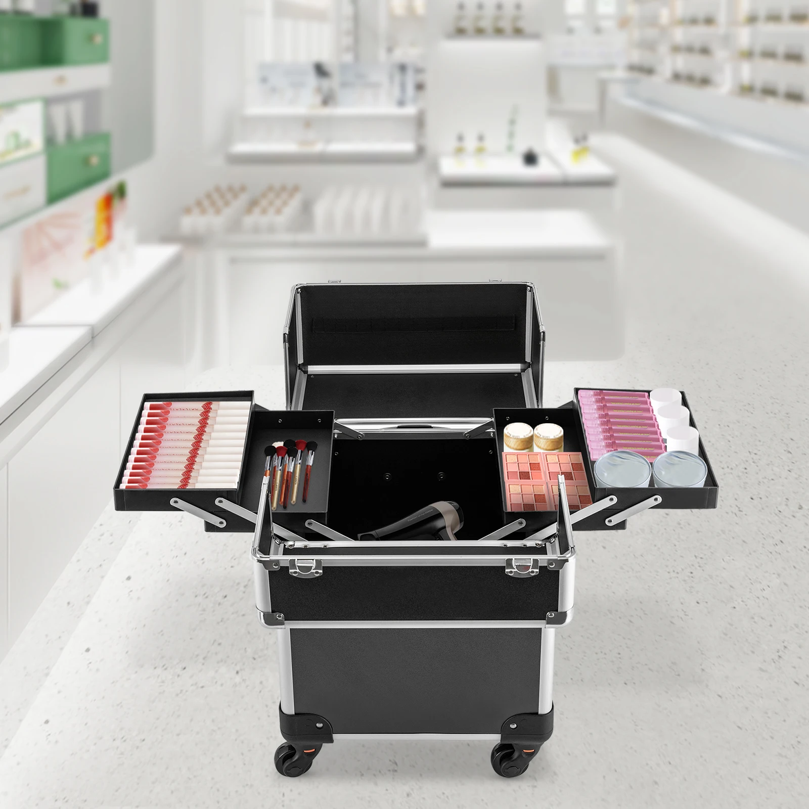 Professionele Aluminium Rollende Make-Up Case Met Multi-Tiered Opslag-Draagbare Cosmetische Trein Case Voor Beauty Professionals