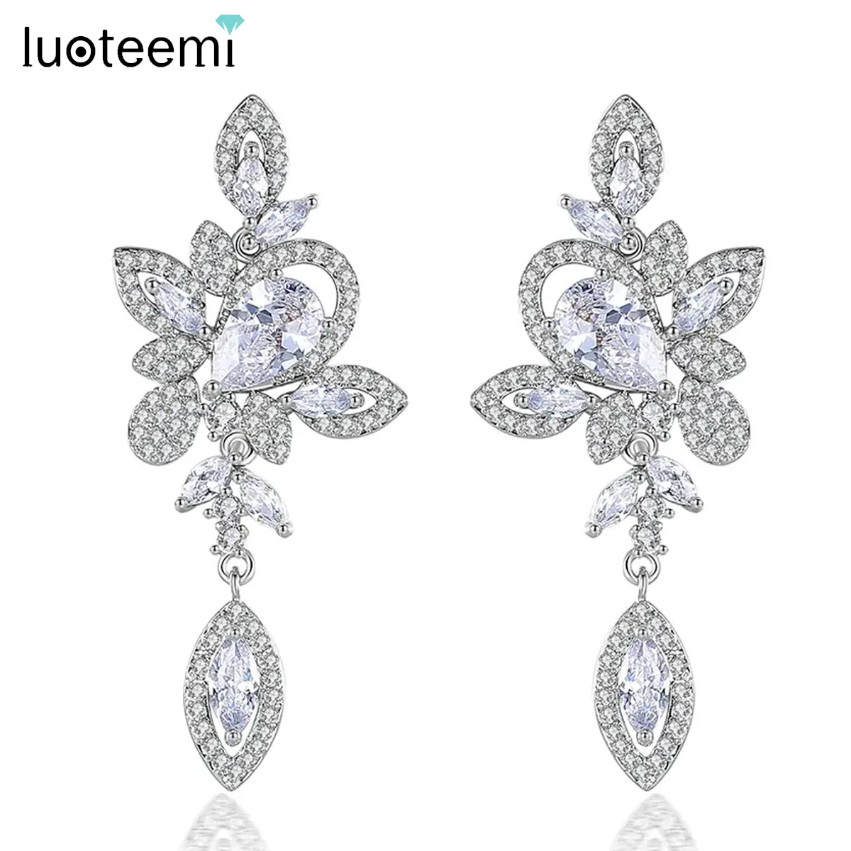 

LUOTEEMI Exquisite Iced Cubic Zirconia Dangle Earring Unusual Design Fashion Flower Shape Jewelry for Bridal Wedding Accessories