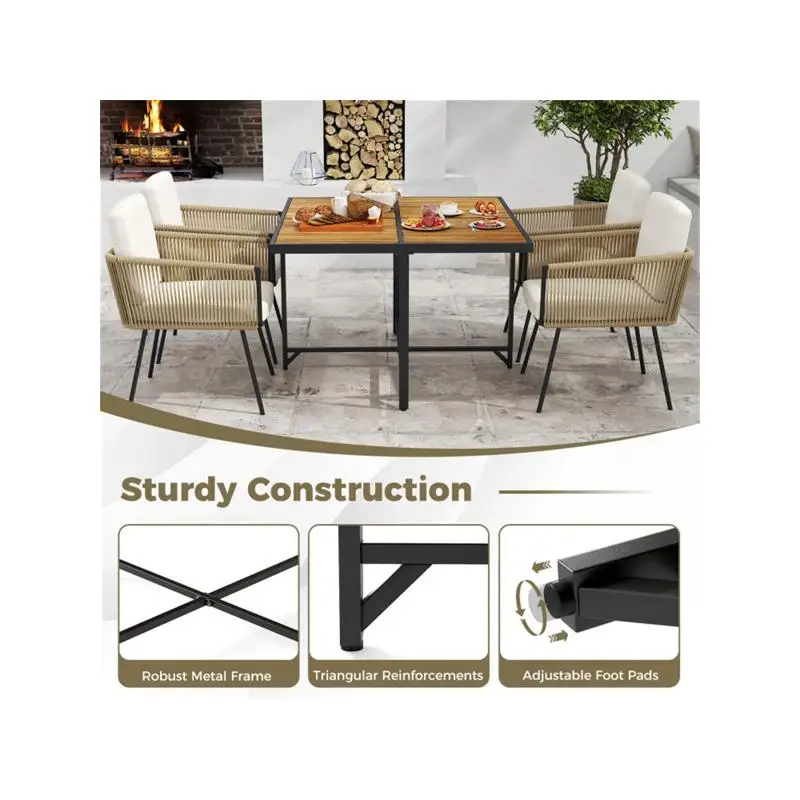 43,5 inch vierkante buitentafel van acaciahout - metalen X-frame, stoelen 4, natuurlijke afwerking, zwarte accenten, capaciteit van 180 lbs