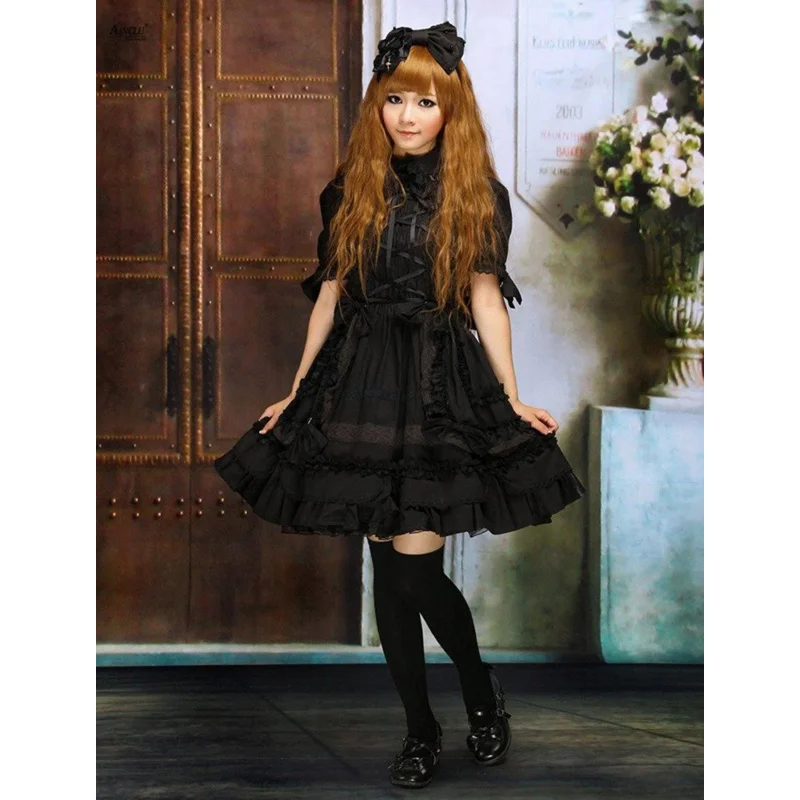 Vestido gótico de Lolita para mujer, disfraces de algodón de manga corta, línea A, XS-XXL, longitud hasta la rodilla, color negro oscuro