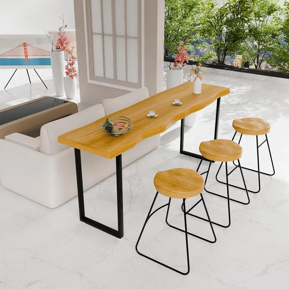 Narrow Bar Table, Rectangular Solid Wood Counter Height Table, Industrial Height Pub Table with Sturdy Metal Frame, Easy-to-Clea