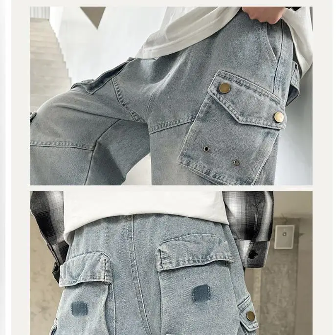 Kids Cargo Jeans Spring Autumn Teenagers Wide-leg Pants with Multiple Pockets Stylish Boys Trendy Brand Loose Straight-leg Pants