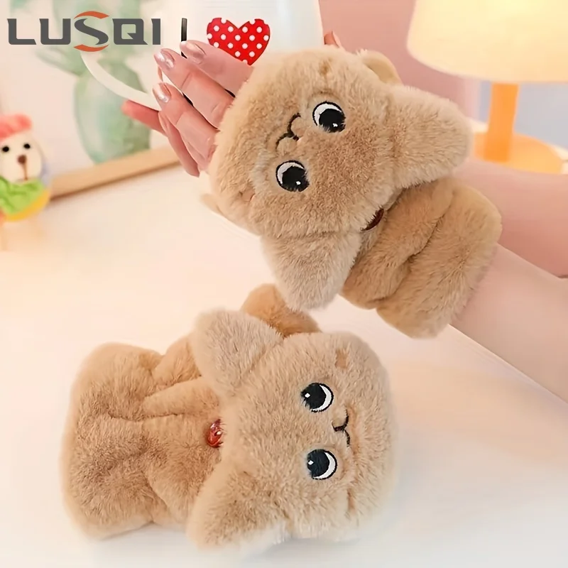 LUSQI Warme Plüsch-Hasen-Handschuhe, Winter-Halbfinger-Handschuhe für Damen/Kinder, Radfahren, Laufen, Büro, weiche Touchscreen-Handschuhe