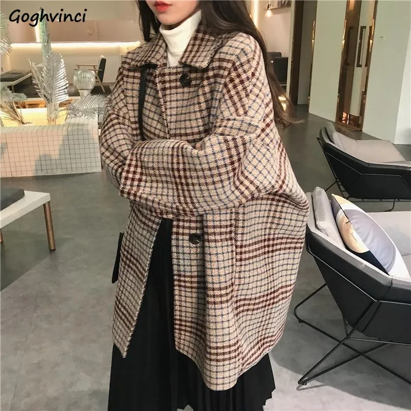 

Women Wool Blends Plaid Turn-down Collar Elegant Casual Office Students Japanese Newest Style Button Simple Thicken Ulzzang New