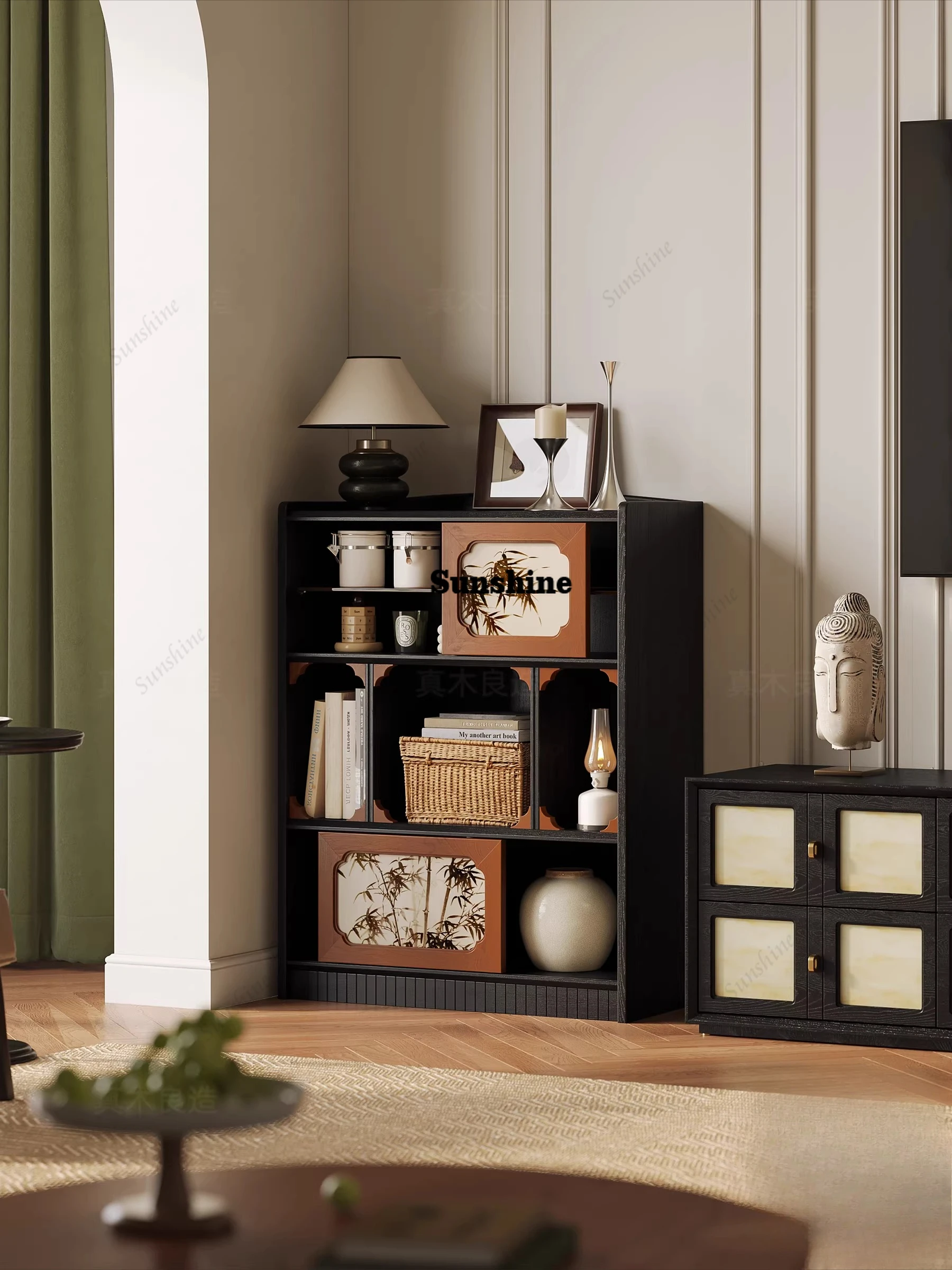 

French medieval contrasting color study solid wood retro living room bedroom shelf