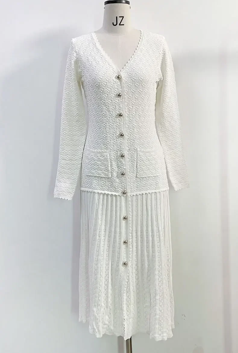 2025 Otoño e Invierno vestido blanco con cuello en V para mujer vestido de noche de manga larga calado ajustado vestido midi