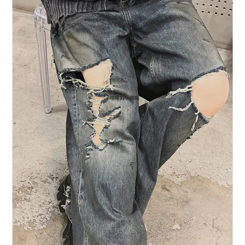 Wasteland Style Ripped Distressed Wide-Leg Jeans Men's and Women's Trousers Pants