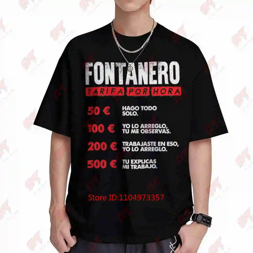Funny Plumber Hourly Rate Spanish English Pricing Short Sleeve Tee 100% Cotton T-Shirt