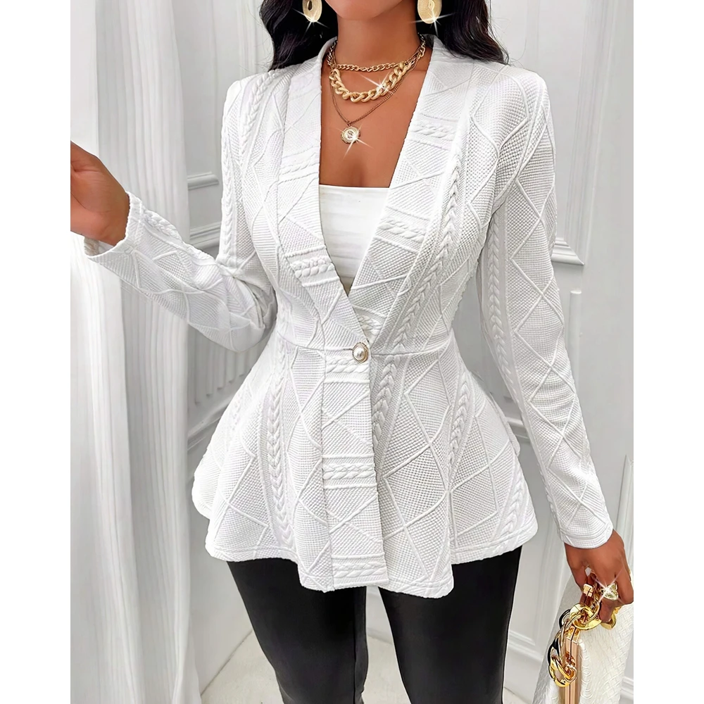 

Women Argyle Cable Textured Long Sleeve Single Button Ruffles Hem Blazer Coat