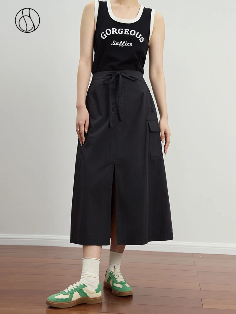 DUSHU 【Two Version Choice】Tooling Style Women Black Loose Long Skirts Big Hem A-LINE Skirt 2023 Autumn Female Solid Bottoms