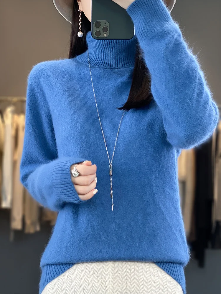 100% Mink Cashmere Women Sweater Basic Bottoming Female Pullover Long Sleeve New Knitwear Tops Turn Down Collar Autumn Winter