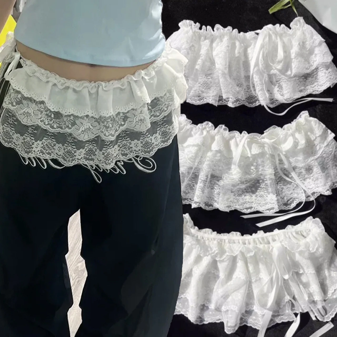 

Новинка Весна/Лето 2026: Дизайнерская двухслойная кружевная юбка с жаккардовым сетчатым поясом и эффектом многослойности для улицы