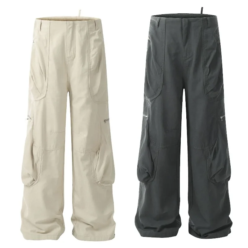 OR FL American High Street Multiple Pockets Fold 100 Cotton Women Cargo Trousers Trendy Brand Wide Leg Floor-length Trousers Y2k