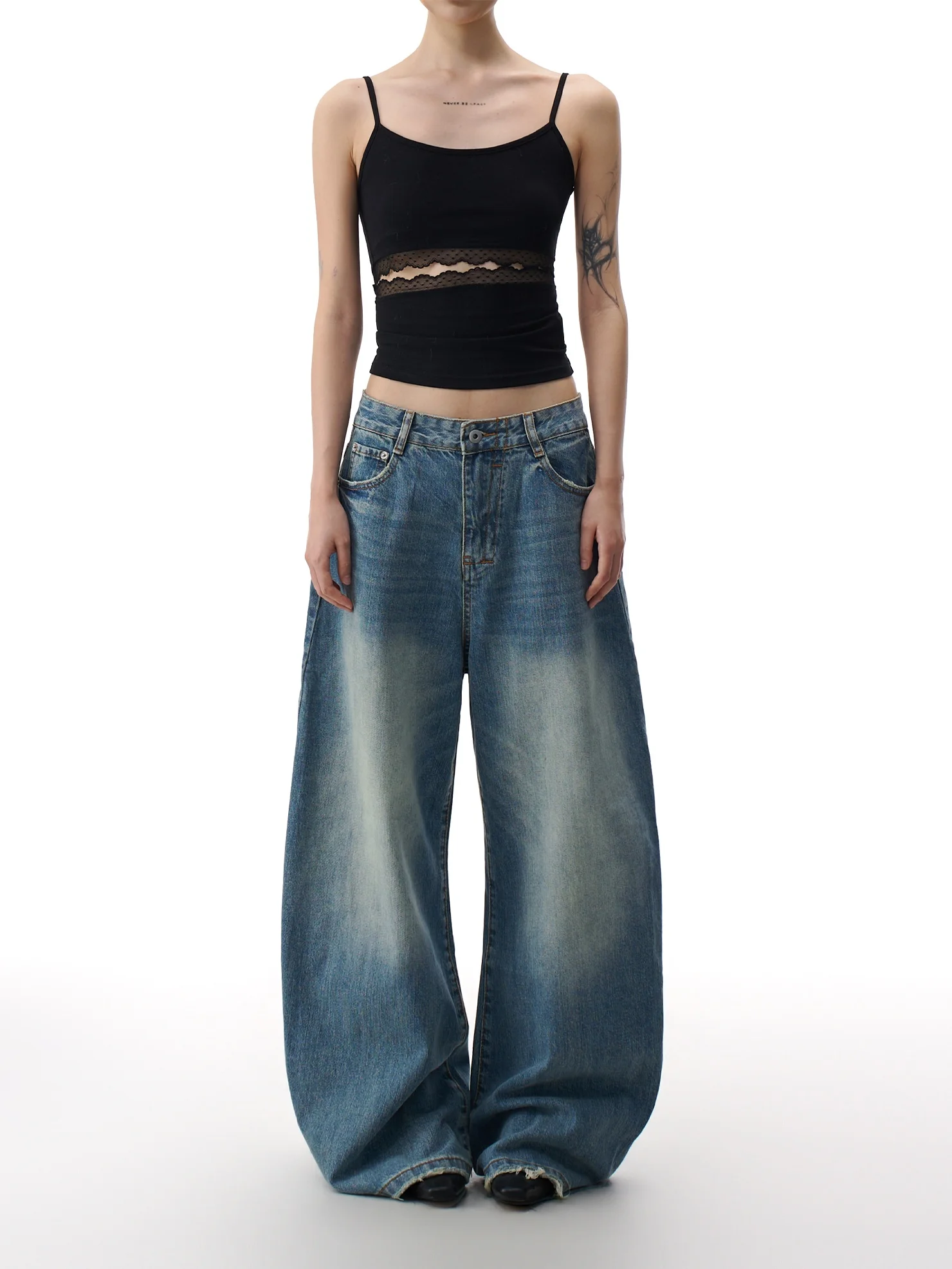 

Vintage Blue Wide Leg Denim Jeans Women's Faded Design Hot Girl Loose Floor-Length Pants Casual Spring Cotton Blend Jeans