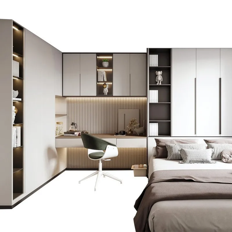 Modern Simple Tatami Bed & Customized Whole House Wardrobe Open Cloakroom Bedroom Furniture In MDF Factory Direct
