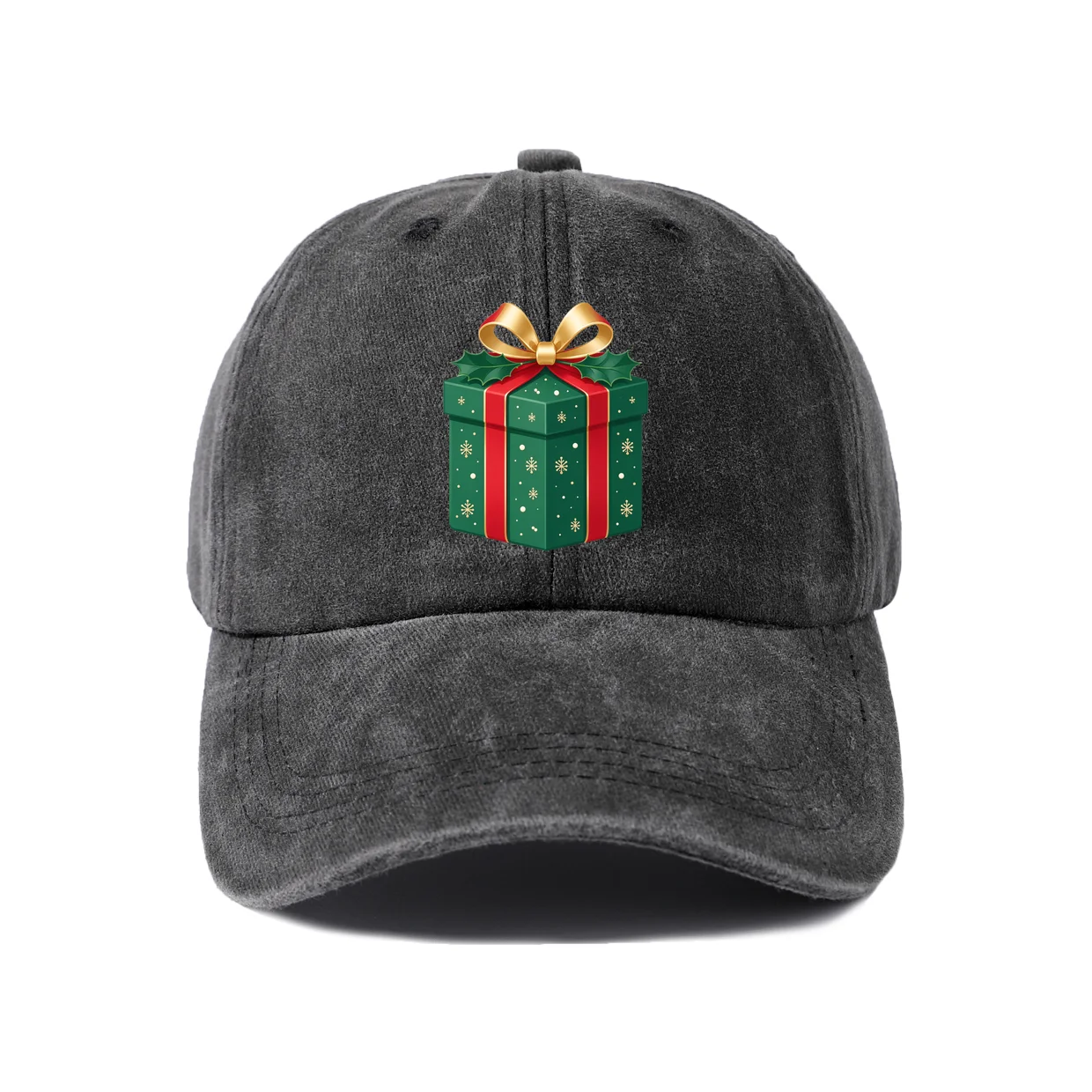 Green Christmas Gift Box Graphic Vintage Washed Baseball Cap, Adjustable Unisex Dad Hat, Casual Gift