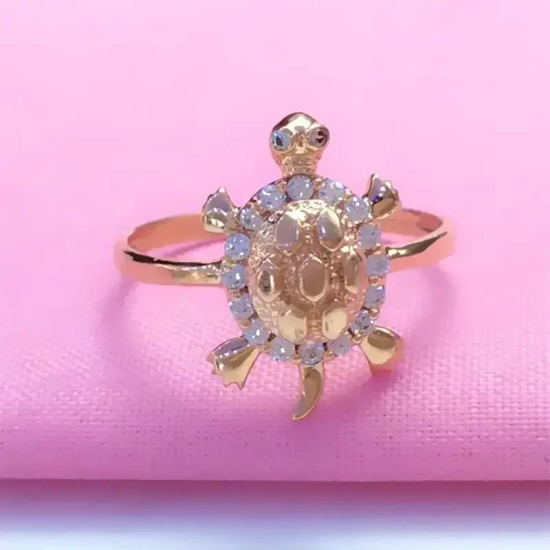 585 Purple Gold 14K Rose Gold Inlaid Crystal Turtle Rings for Women Opening Three-dimensional Design Exquisite Jewelry