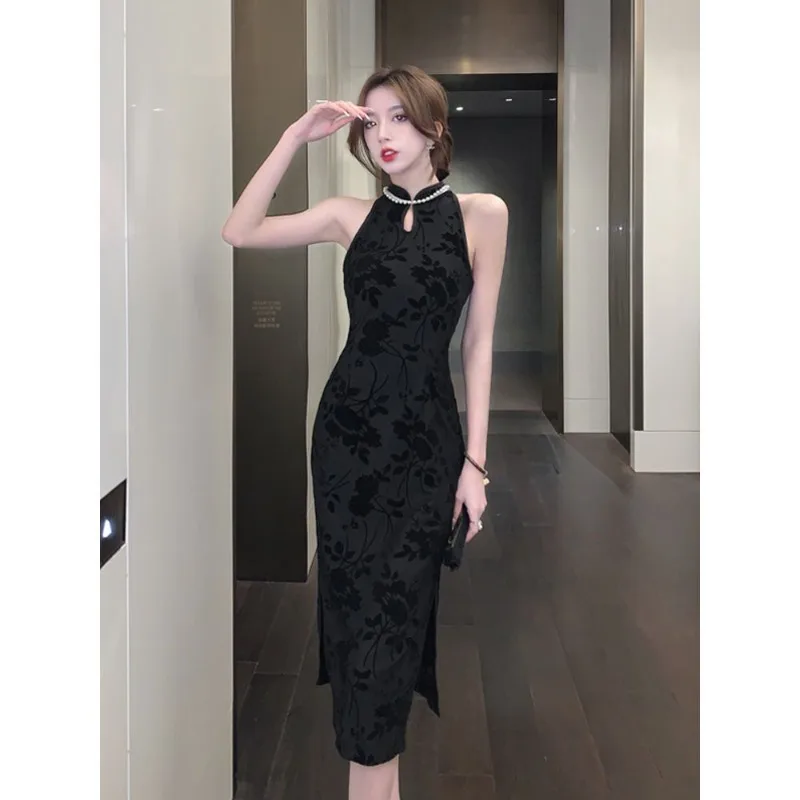 

Elegant Flocking Senior Cheongsam Comfortable Summer Long Slim-fit Sleeveless Little Black Women Dress Thin Light Cooked Dress