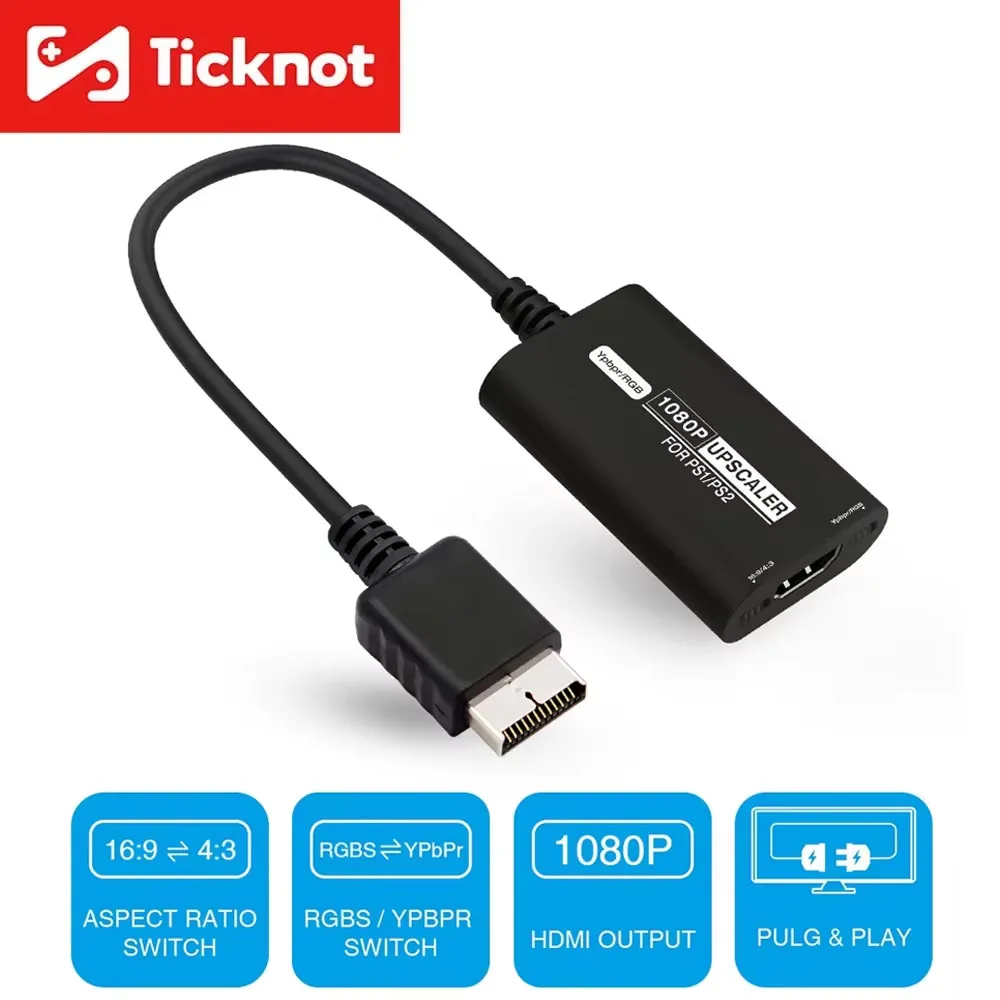 محول TicKnot HDMI لوحدات تحكم الألعاب PS2/PS1 مع محول فيديو RGB إلى YPbPr لـ PS1