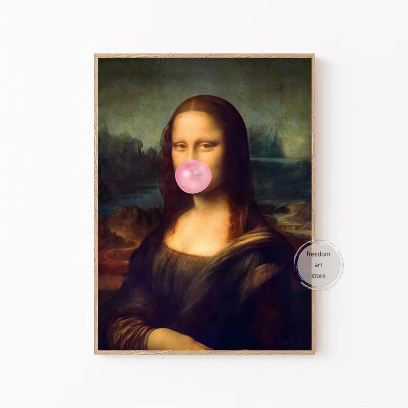 Famous Vintage Mona Lisa with Bubble Gum Secret Smile Art Poster Canvas Painting Wall Prints Picture for Living Room Home Decor
