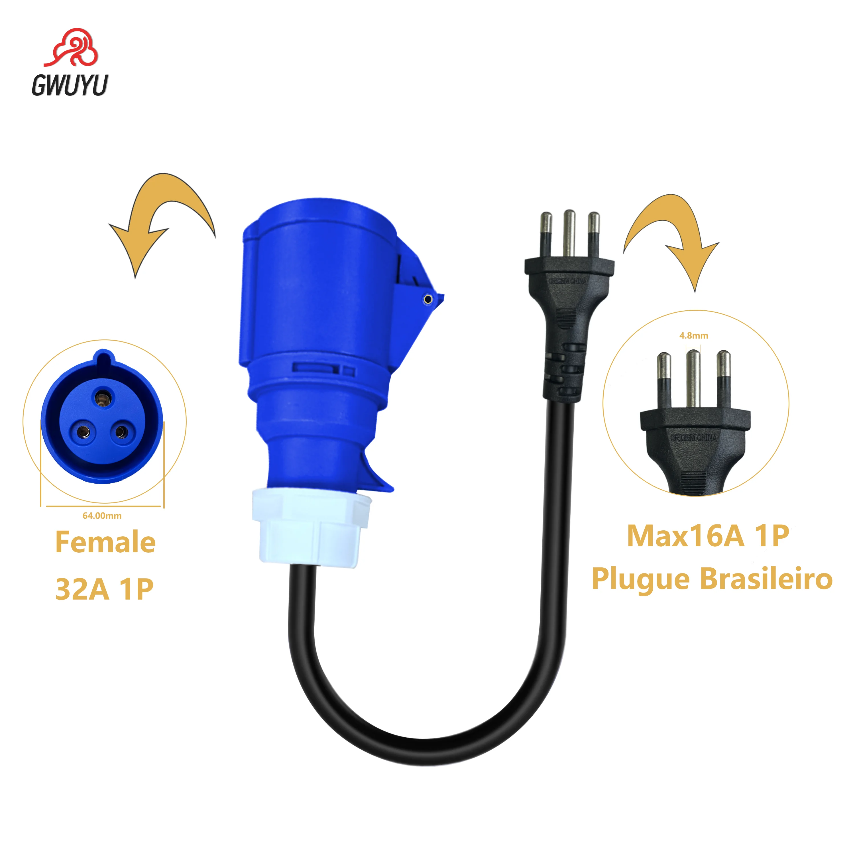 GWUYU Portable Electric Car Charger Blue Connector Brazilian Plug Adapter Custom Plug 7kW32A to 3.5kW 16A for Vehicle Charging