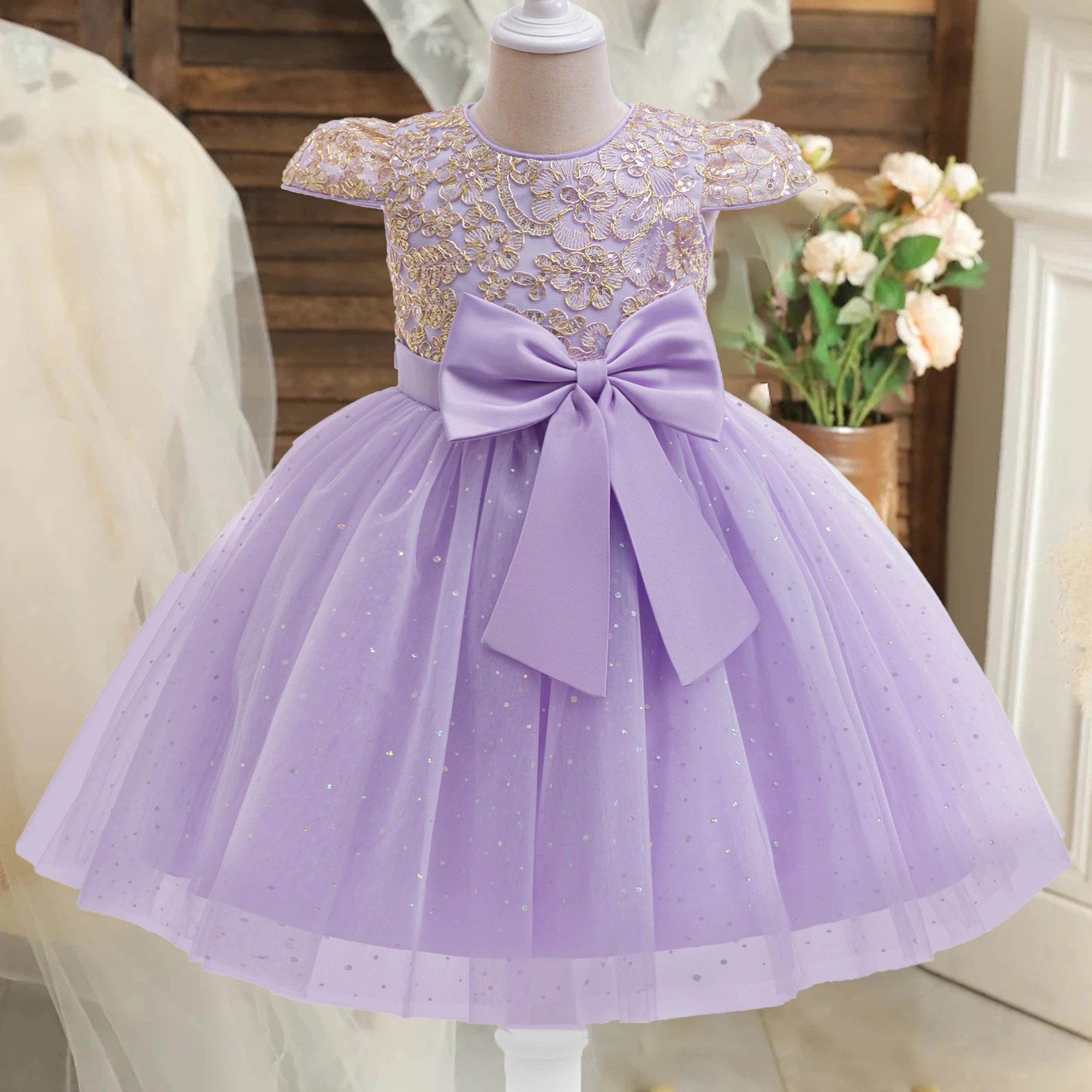 

Elegant Bow Sequin Party Girls Dresses Embroidery Flower Birthday Bridesmaid Prom Gown Wedding Princess Dress Christmas Costumes