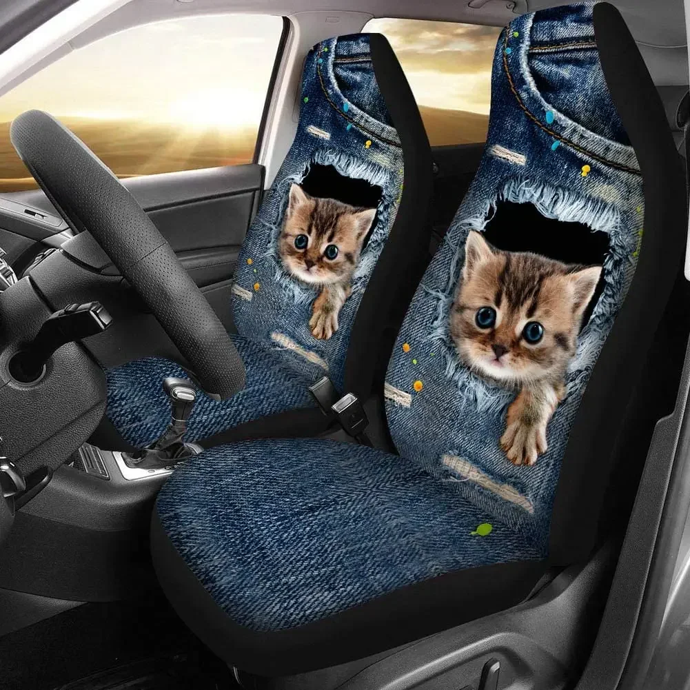 Animal Cute Cat Fabric Front Seat Covers Bohemia Design Car Interior Protector Set of 2 Universal Fit for Vehicle Sedan and Jeep