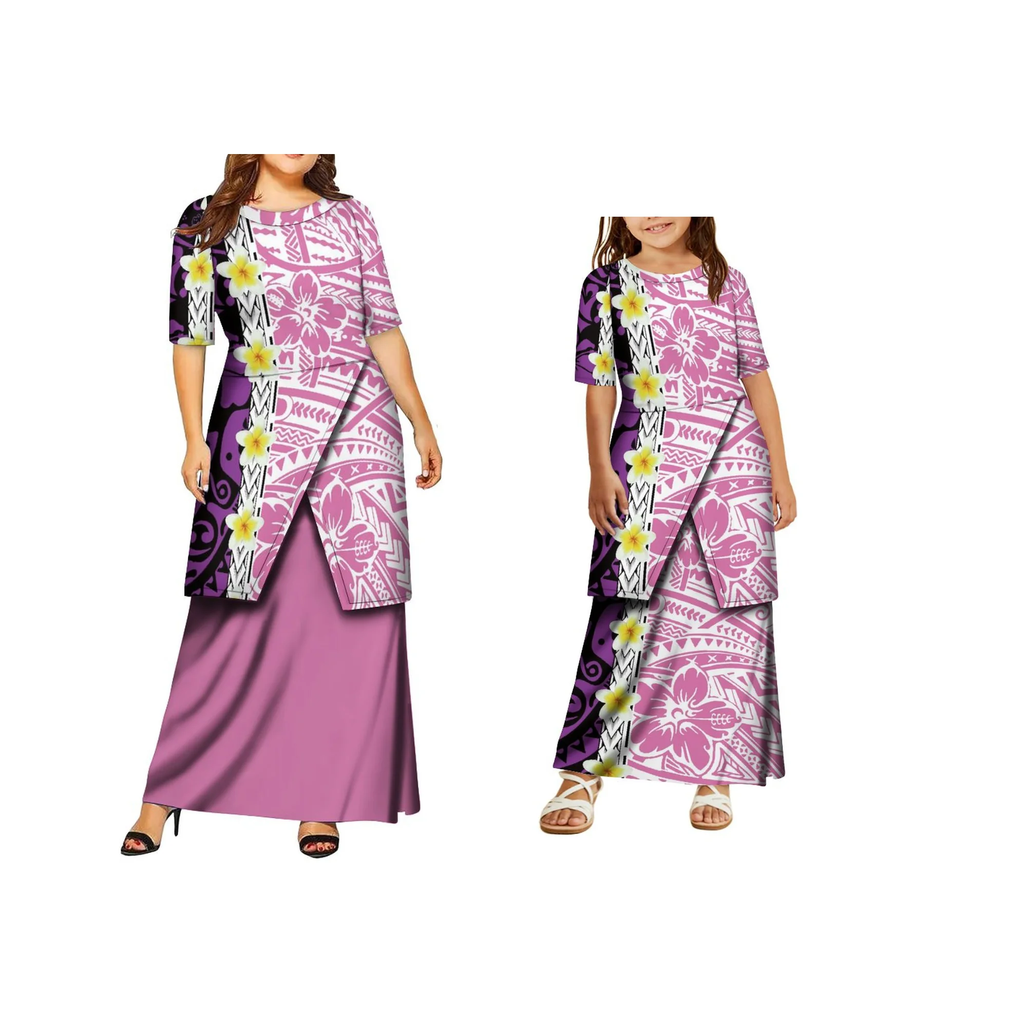 Custom Logo Polynesian Island Design Puletasi Dress Ladies Crew Neck Samoan Mother and Daughter Dress 2 Piece Set