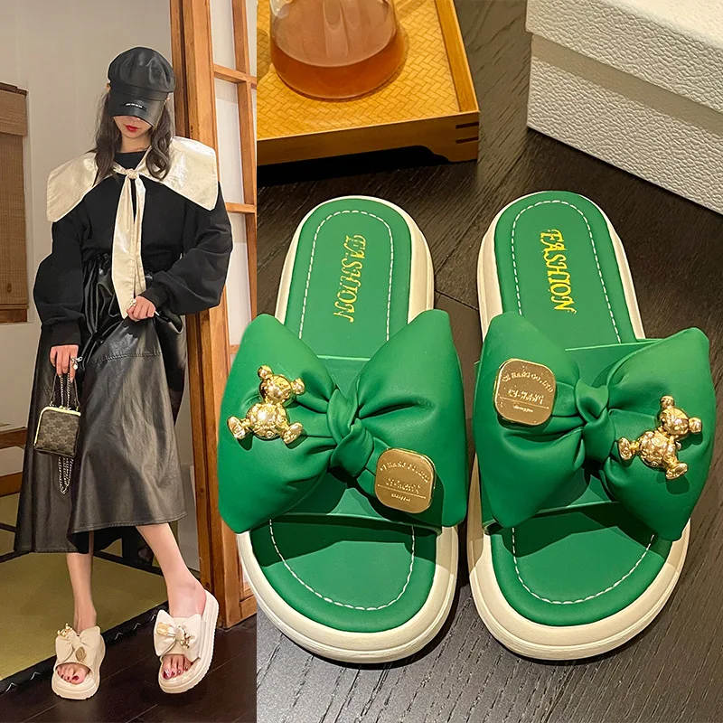 

4cm Flat Heel Shoes Butterfly Metal Decor Slippers Women Flip Flop Green Color Sandals New Summer Slides Chanclas Mujer