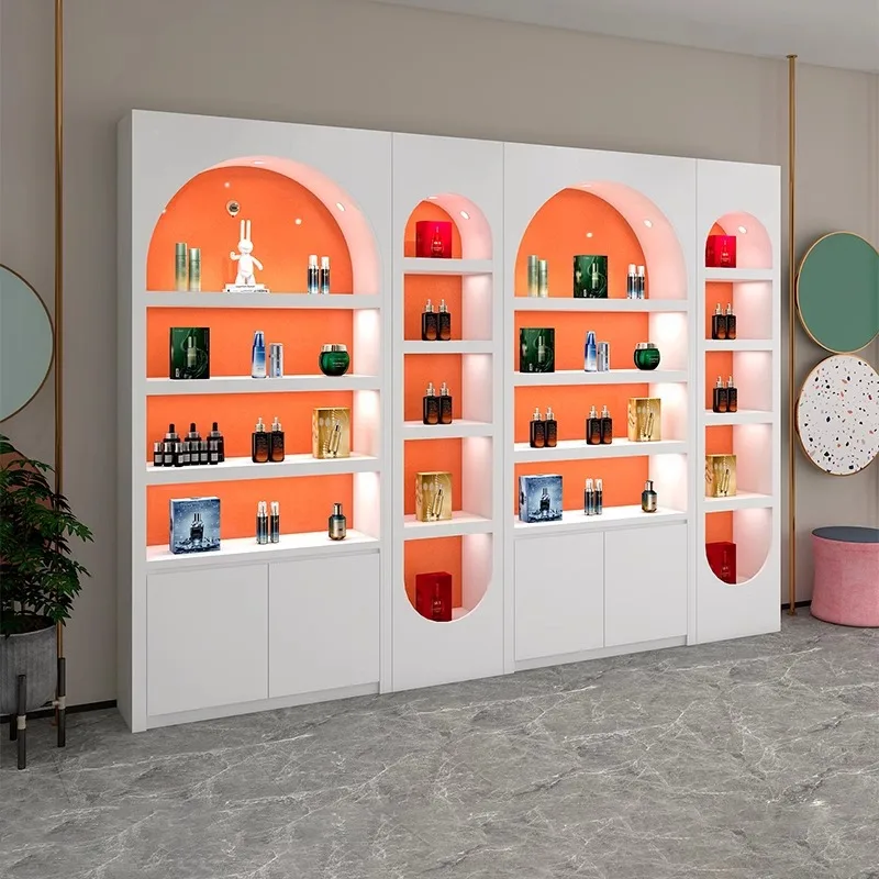 Free pictures Cosmetics Display Cabinet Beauty Barber Nail Shop Shelf Orange Paint Skin Care Product Display Cabinet