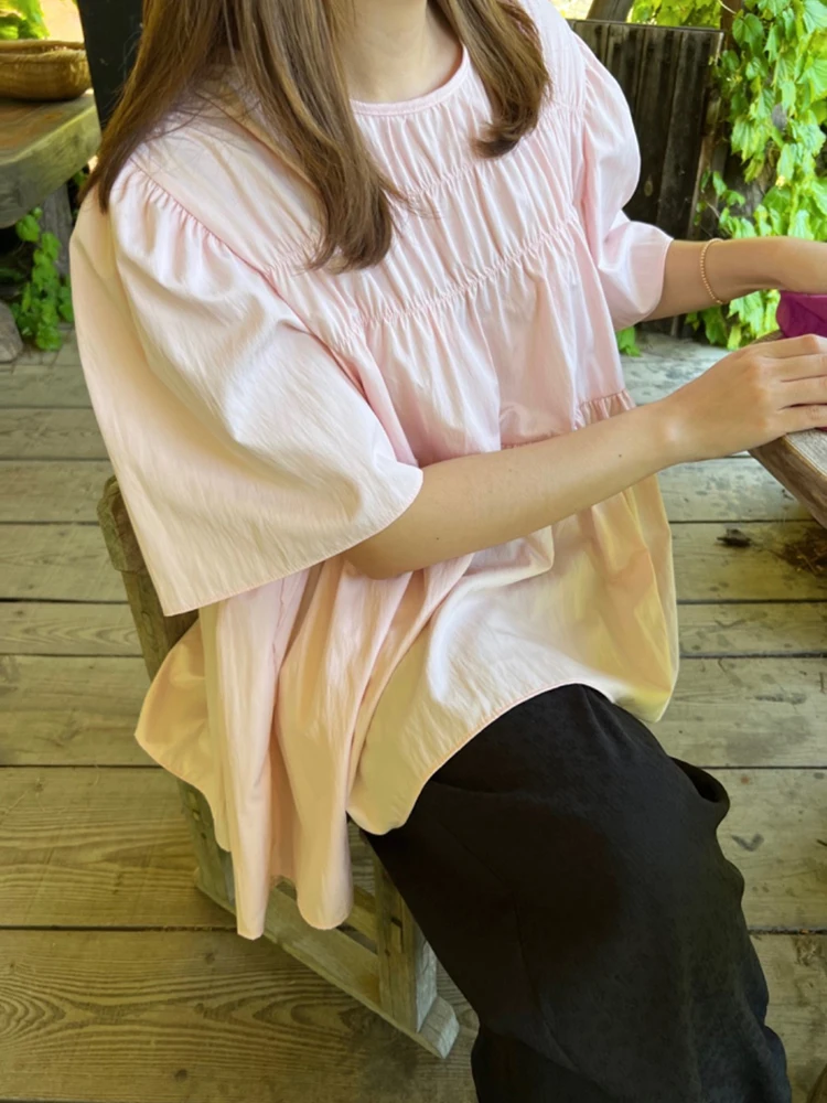 Coreano Sle Bubble Sve irt Donna Sciolto Pieghettato Bambola Estate 2024 Faionable Unico Top rotondo Ne ort Sve Colore Puro