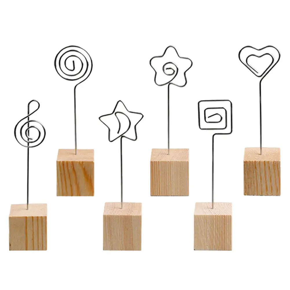 6Pcs Sturdy Metal and Wood Photo Holders Desktop Memo Clips with Wide Base for Safe Photo Display Table Decoration Accessories
