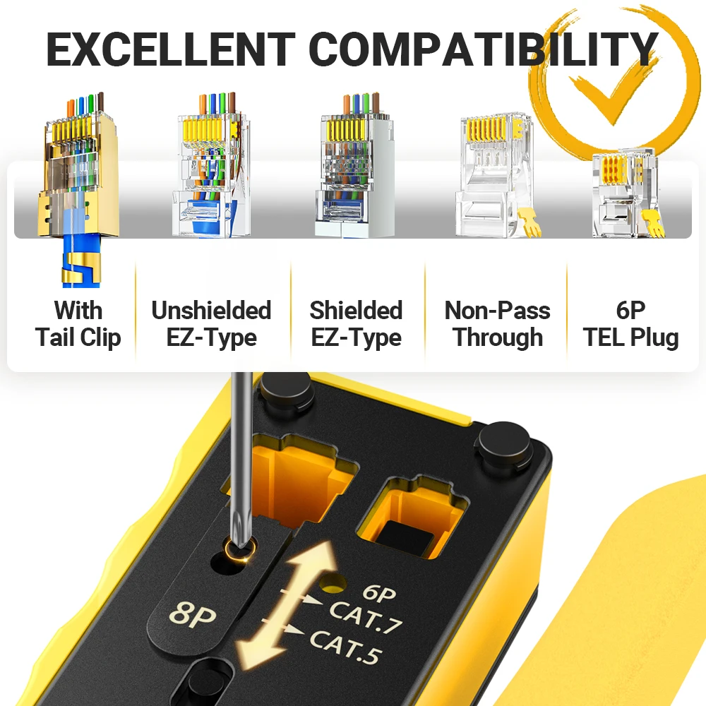 AMPCOM EZ-Type RJ45 المكشكش مع مجموعة أدوات شريط الأسلاك لشبكة التجعيد/القطع CAT8/7/6A/6/5E -STP/UTP & TEL RJ11/12 كابل وحدات