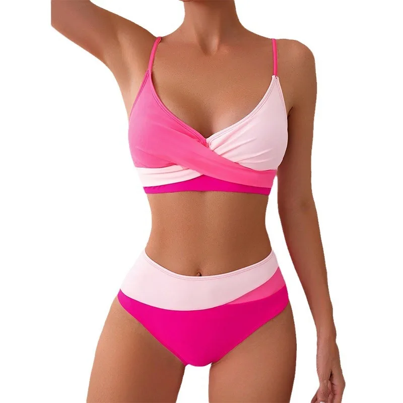 2024 Criss cross Color Block Bikini mit hoher Taille setzt zweiteiligen Badeanzug für Sommer Strand ootd Kleidung Outfits Berufung