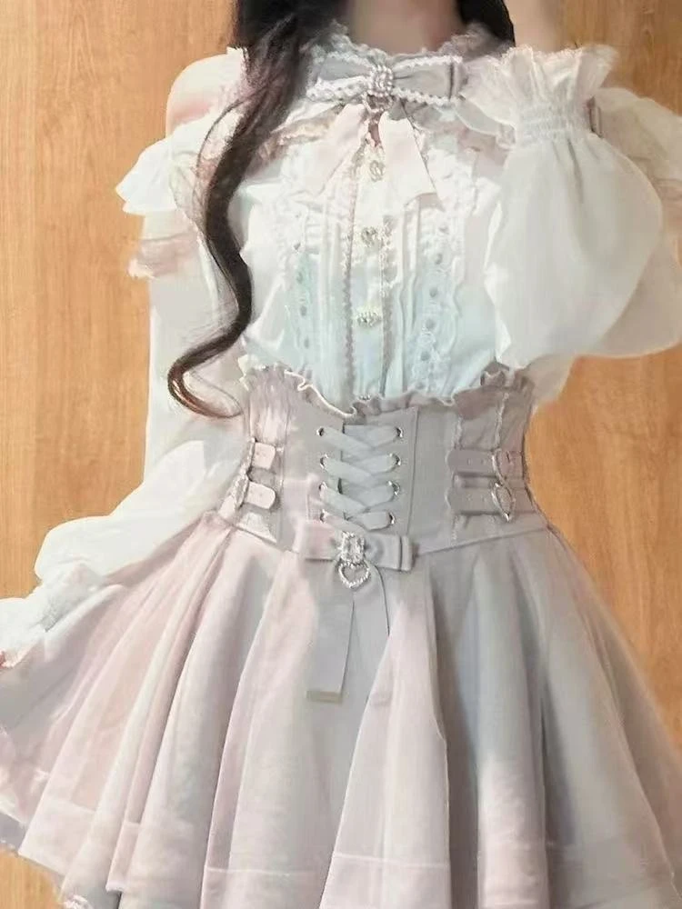 اليابانية أنيقة خمر قطعتين مجموعات Bowknot قبالة الكتف القمم عالية الخصر ميدي تنورة المرأة 2025 الخريف موضة وتتسابق #3