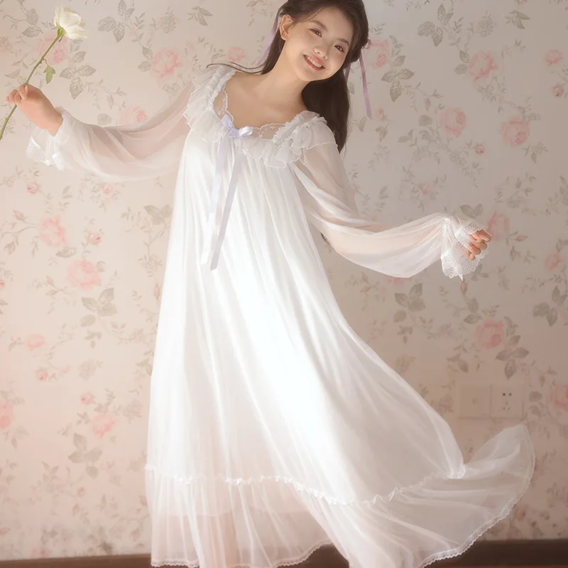 

Женская ночная рубашка принцессы на весну и осень, кружевная женская одежда для сна с длинными рукавами, модальная ночная рубашка во французском стиле для женщин 2025