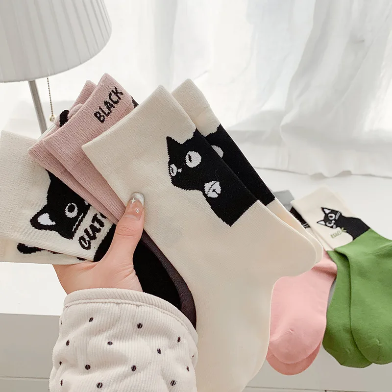 Nowe letnie wiosenne cienkie bawełniane skarpetki Midtube Sweet Girly Style Cartoon Cat Socks Pile Stockings Solid Color Girls Gift