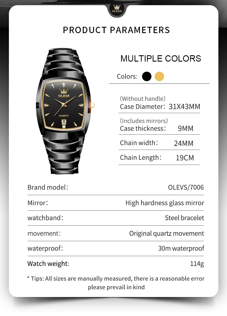 OLEVS New Quartz Watch for Men Tungsten Steel Strap Luxury Gold Wristwatch Calendar Clock Original Quartz Wristwatch Male 7006