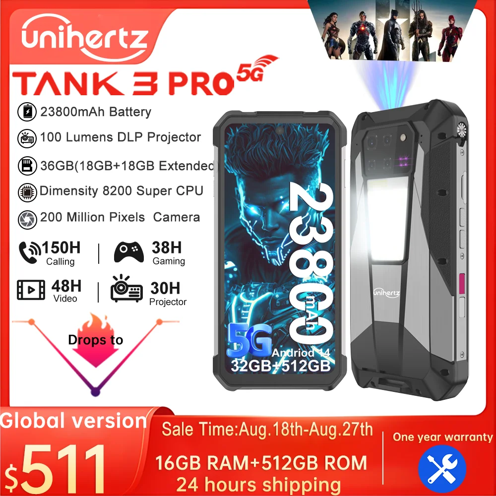 

Unihertz Tank 3 Pro 8849 Проектор Смартфон Android 14 5G Телефон, 32 ГБ 512 ГБ, камера 200 МП, размер 8200, IP68, Bluetooth 5.3