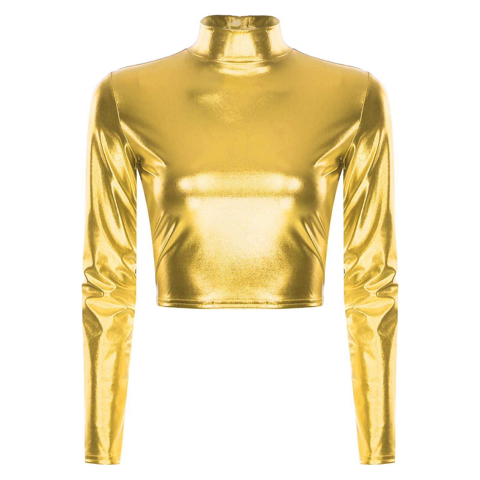 Women Metallic Long Sleeve Crop Top Ladies Fashion Glossy Solid Color Shiny T-shirt Club Stage Dance Performance Costume