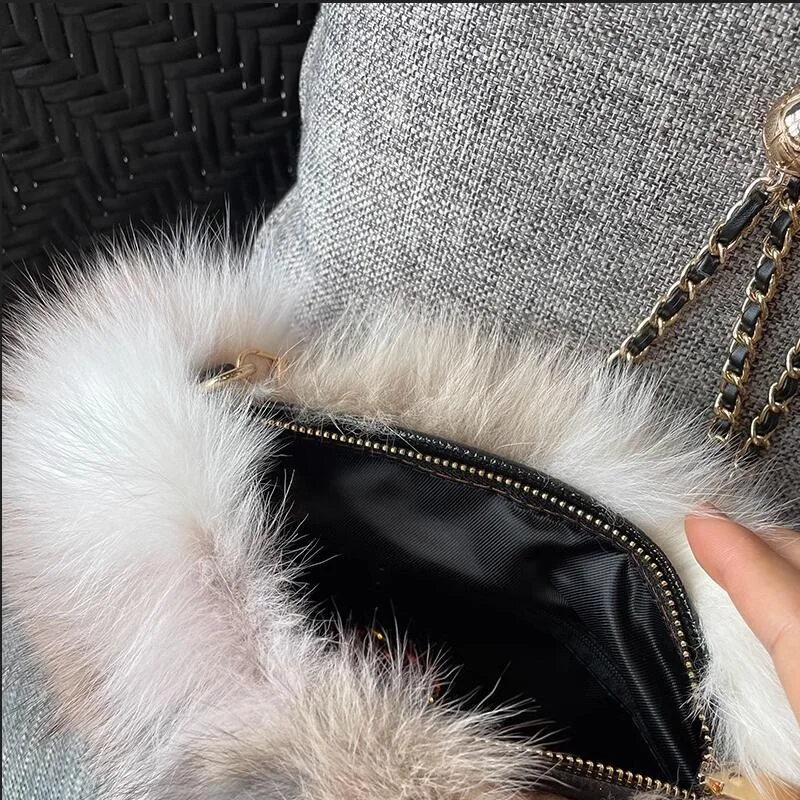 Winter Soft Fluffy Real Fox Fur Bag Women Handbag Casual Zipper Travel Street Messenger Bag Purse