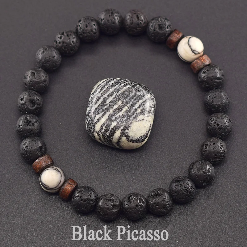 Black Vintage Volcanic Bead Stone Bracelet Men Natural Black Picasso Bead Wooden Accessories Elastic Bangle Yoga Meditation Gift