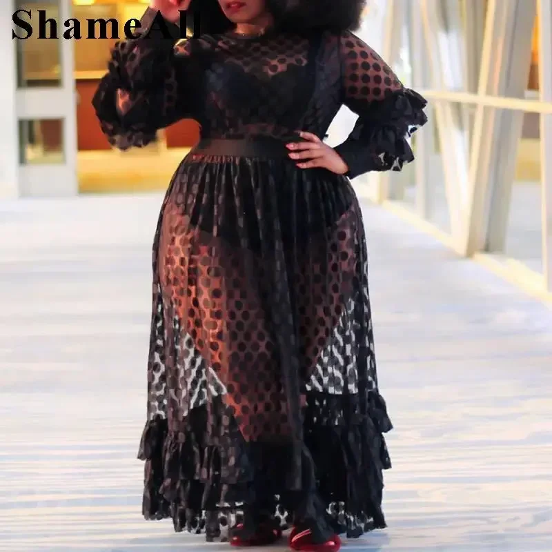 Plus Size Sexy Night Club Sheer Mesh Dress 4XL Damskie sukienki z długim rękawem Elastyczna wysoka talia Przezroczysta czarna biała koronkowa