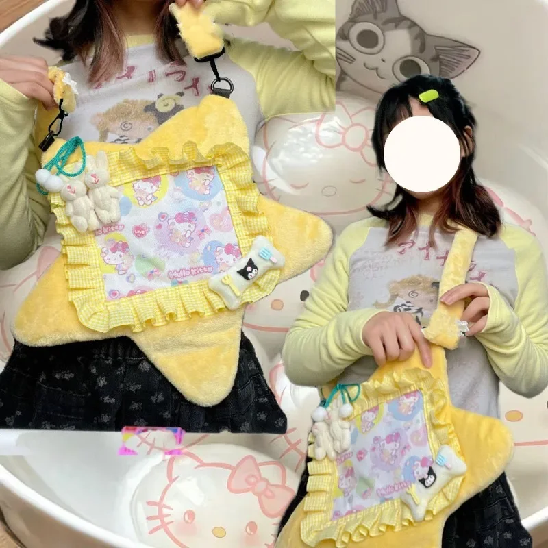 MBTI Y2k tas bahu Hello Kitty wanita, tas tangan baru bentuk bintang modis Harajuku kuning mewah lucu manis