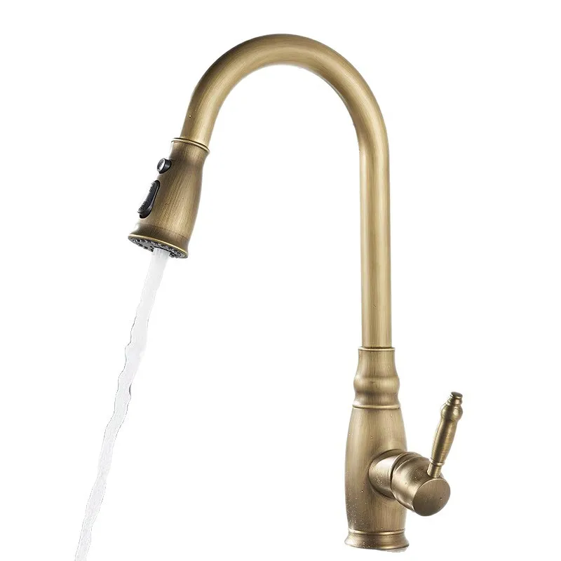 Antique Style Pull-out Hot and Cold Kitchen Faucet Expandable and Rotatable Multifunctional Retro Brass Sink Mixer Faucet