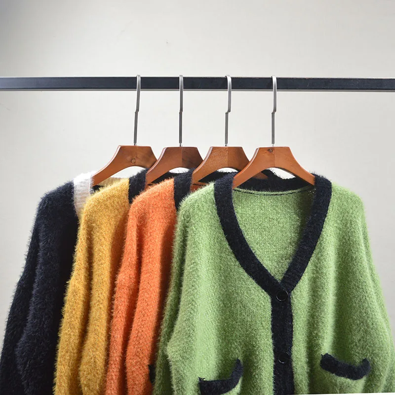Maglione cardigan lavorato a maglia V-Ne ort impermeabile Cappotto da donna in maglia dolce Sle Color Blo Loose Fit lungo Sve