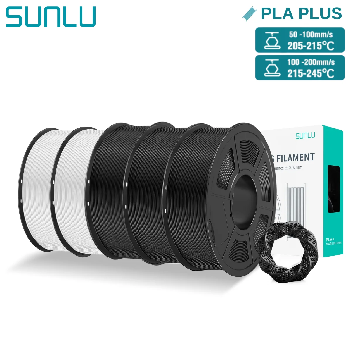 SUNLU PLA+ 1.75mm 3D Filament 1KG - 300mm/s Speed, No Bubbles, ±0.02mm Accuracy, Eco Material