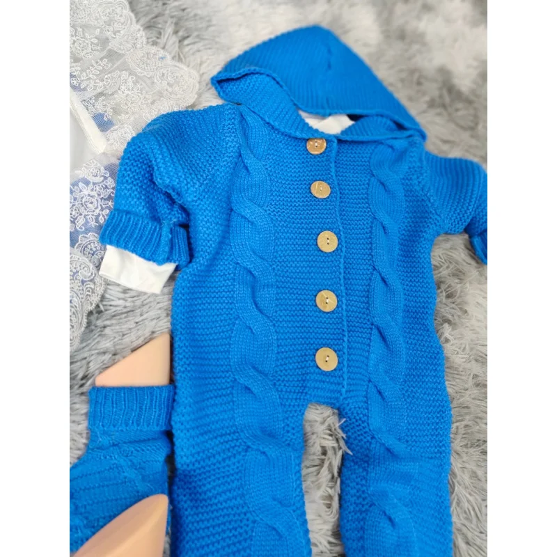 Baby Knitted Baby Clothing Set，Comfortable and warm jumpsuit with hood，Pom-pom hat and lace swaddle，Multifunctional winter cloth