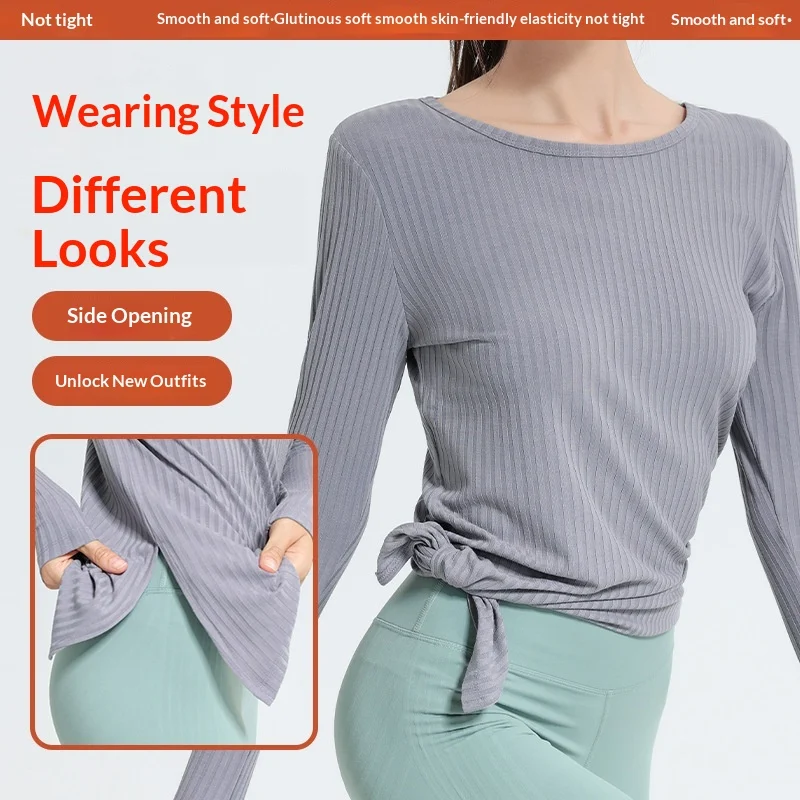 Sports Top Women's Long Sleeved Drawstring Slimming and Breathable Round Neck Sleeve Finger Yoga Running Fitness Suit